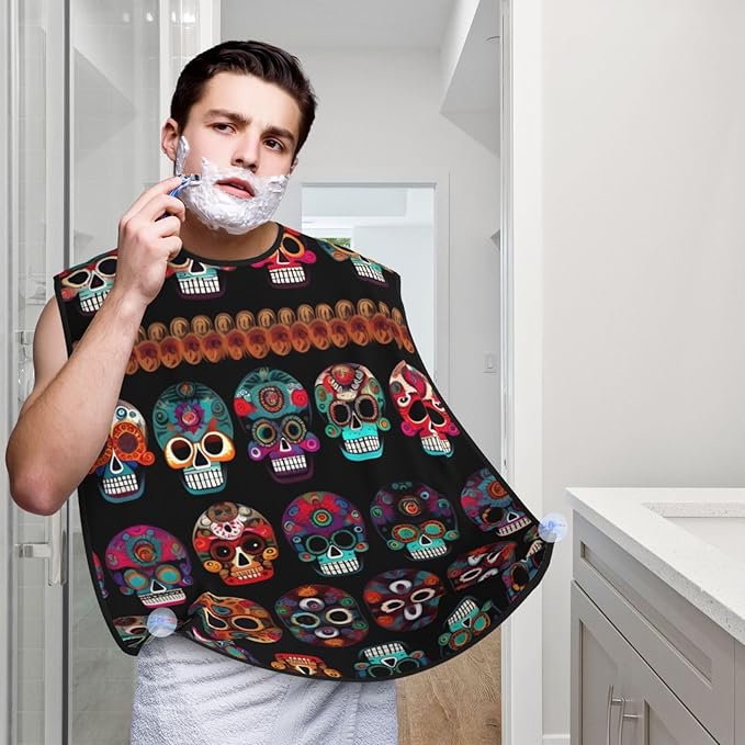 Mexican Skull Print Print Beard Bib Apron For Men, Beard Hair Catcher For Men Shaving Trimming,Beard Cape Cloth