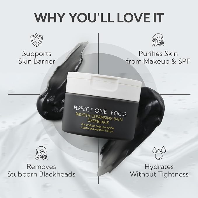 PERFECT ONE FOCUS Smooth Cleansing Balm Deep Black–Makeup Remover Balm with Charcoal & Gold Vitamin C, Helps Clear Pore Clogs,Hydrating Ceramides,Gentle Face Cleanser,Waterproof Mascara Remover–2.64oz