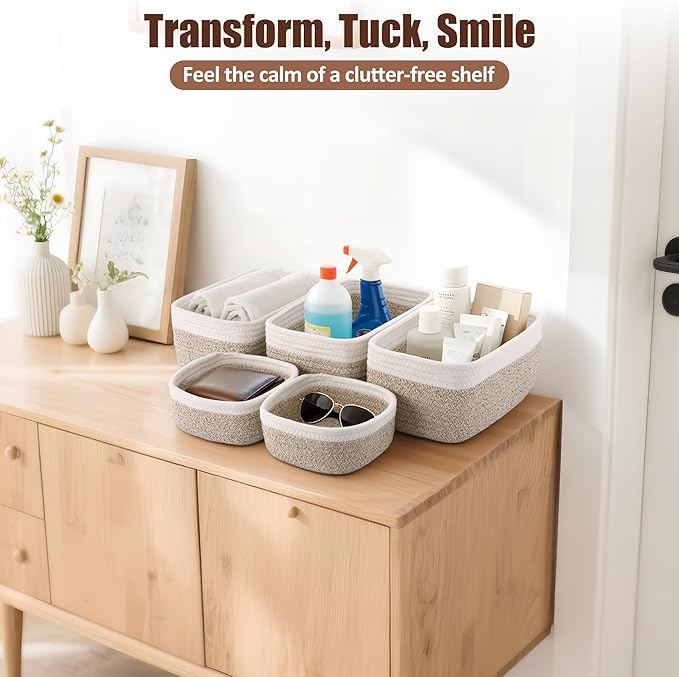 VIRETH HAUS 5-Pack Small Woven Rope Storage Baskets – 2 Sizes Organizer Bins for Closet, Shelf, Bookshelf, Nursery, Changing Table, Fabric Cube Boxes, Rectangular Shallow Bins for Bathroom, Toy & Home