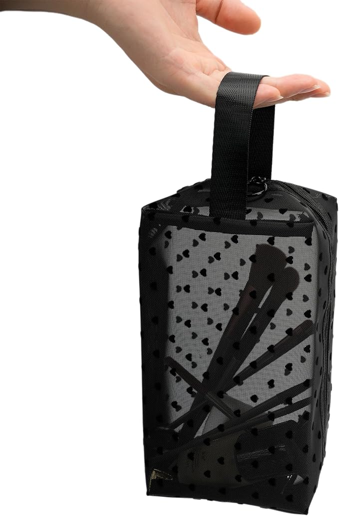 TOPASION Portable Mesh Makeup Bag with Zipper Small Travel Toiletry Bag Lightweight Cosmetic Pouch (Black&Black Heart with Handle)