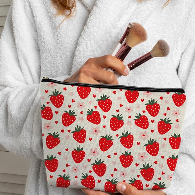Supwhd Cut Red Strawberry Makeup Bag Portable Cosmetic Bag Zipper Pouch Toiletry Bag for Purse, Strawberry Stuff Gifts for Women Girls
