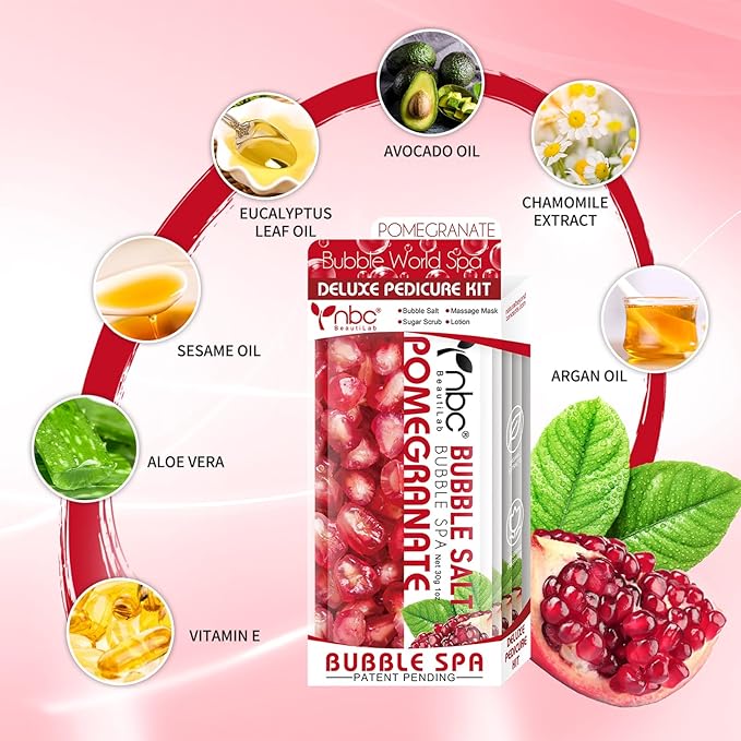 nbc BeautiLab Pedicure Kit Foot Soak Set: Bubble Salt, Sugar Scrub, Massage Mask, Massage Lotion in a Box, 4 Step Foot Spa Kit for Dry Feet,Tired Feet (1 Set Pomegranate)