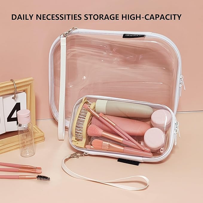 iRUNZO 3 PCS Clear Hard Shell Zipper Case With Handle Strap，Clear Plastic Waterproof Cosmetic Makeup Bags Toiletry Pouches for Travel With Double Zipper，Kid's Toy Storage Organizer Bins Box