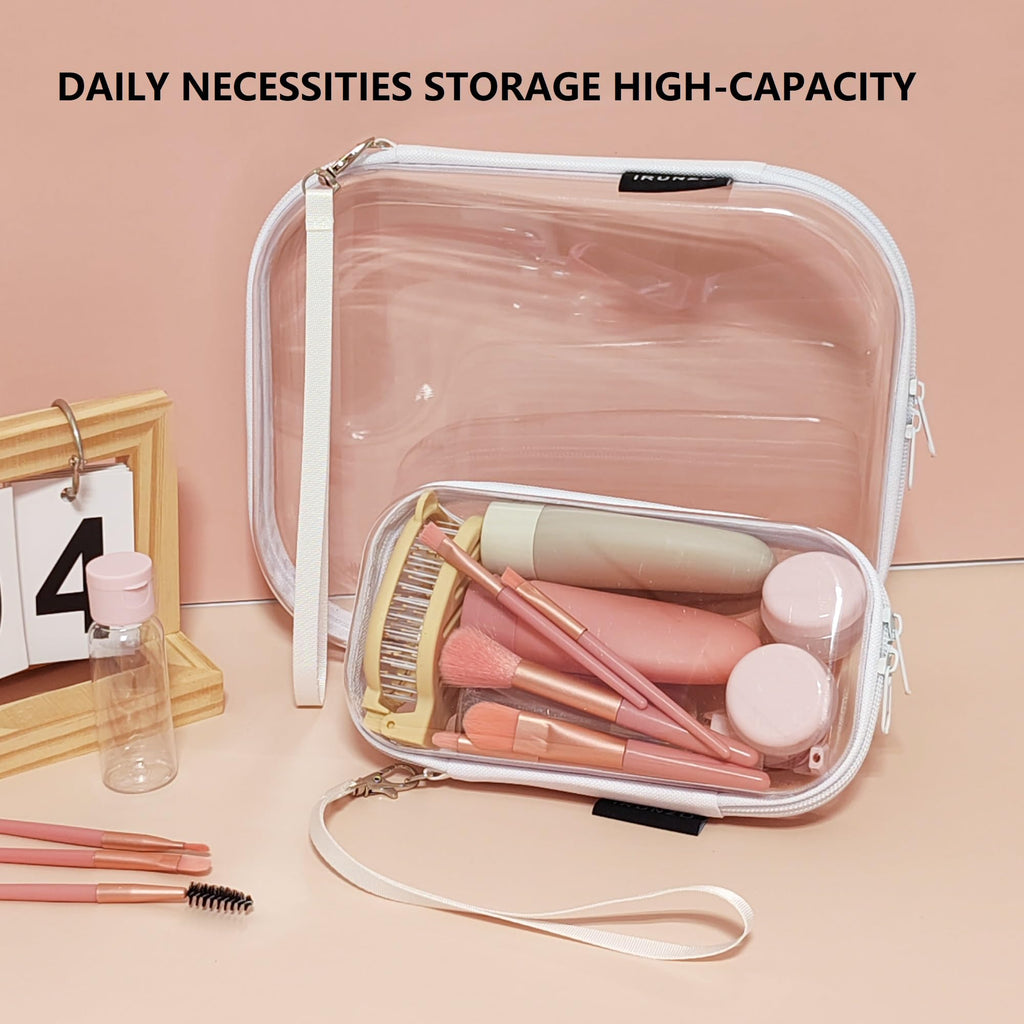 iRUNZO 3 PCS Clear Hard Shell Zipper Case With Handle Strap，Clear Plastic Waterproof Cosmetic Makeup Bags Toiletry Pouches for Travel With Double Zipper，Kid's Toy Storage Organizer Bins Box
