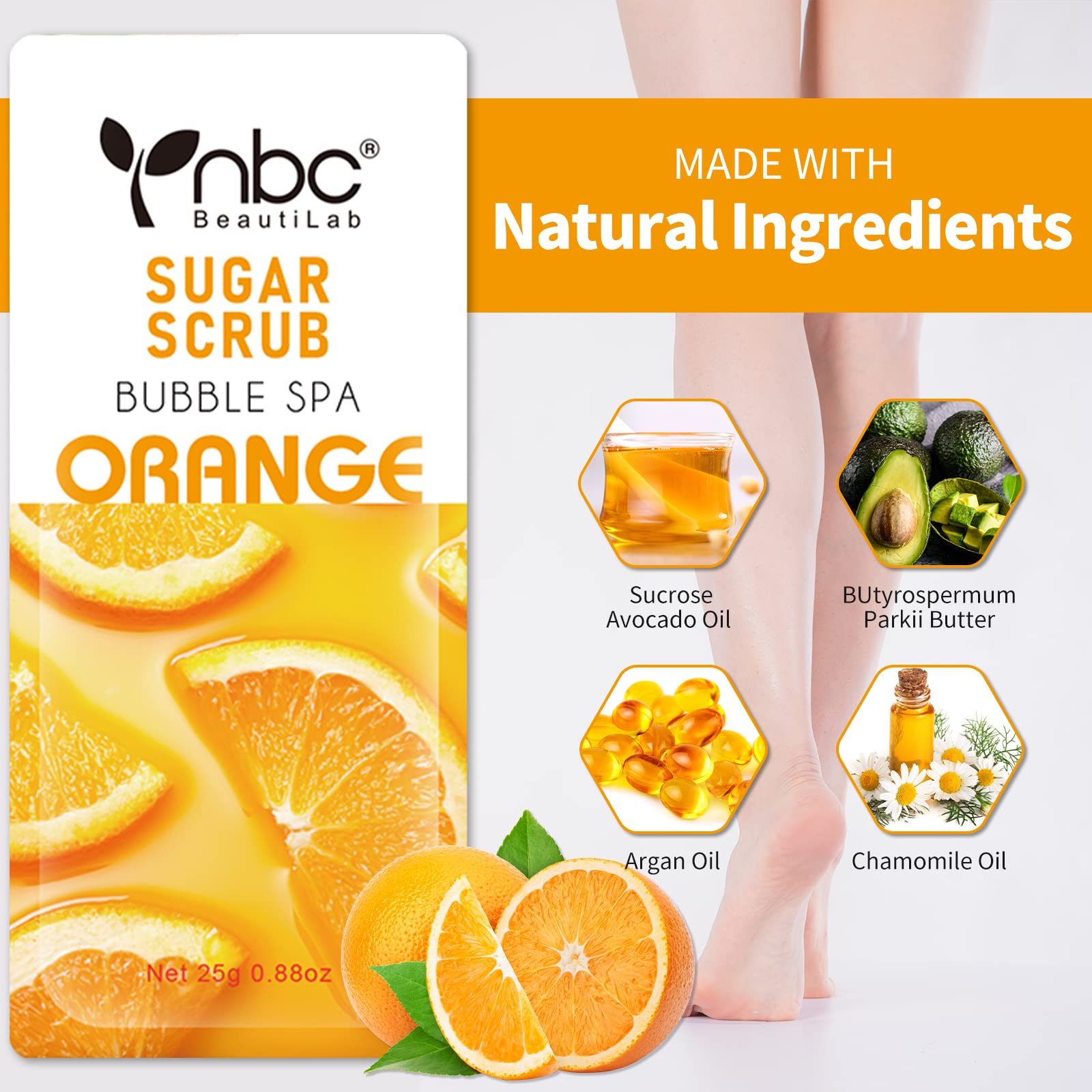 nbc BeautiLab Foot Exfoliating, Sugar Scrub, Dead Skin Remover for Feet, Individually Packaged Foot Scrub Smooths, Hydrates, Detoxifies Tired and Dry Cracked Feet 16 Packs per Box,Orange scent
