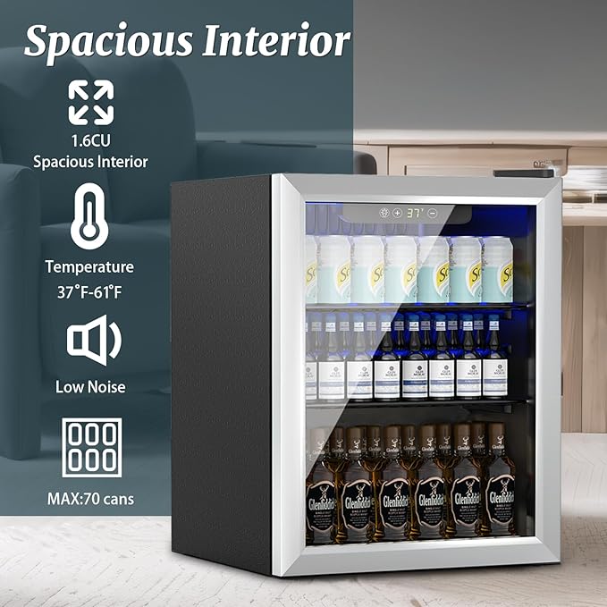 DOGHLY 1.7 Cu.ft Beverage Refrigerator Cooler, 72 Cans Mini Fridge with Glass Reversible Door, Digital Temperature Display for Soda, Beer or Wine For Office or Bar with Removable Shelves