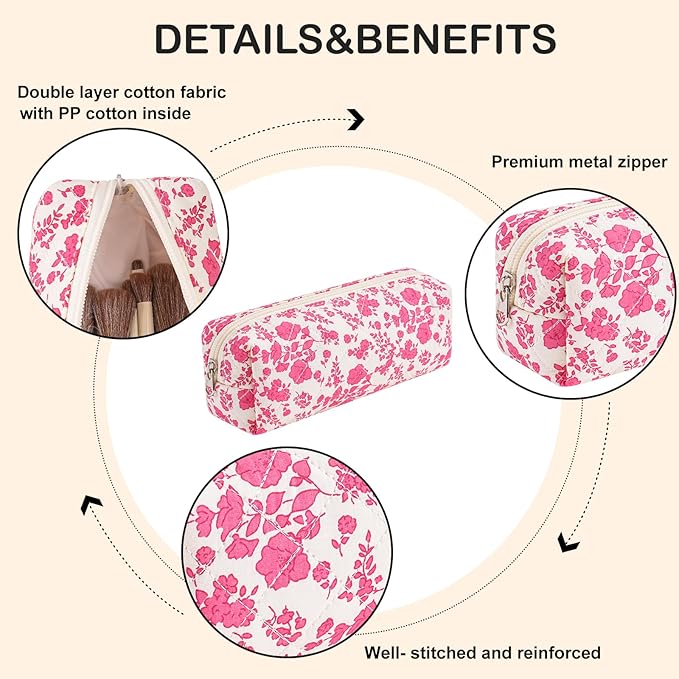 WHHJM Cute Floral Makeup Brush Bag Small Cotton Quilted Cosmetic Bag for Women Travel Toiletry Zipper Make Up Pouch (Rose Red Floral)