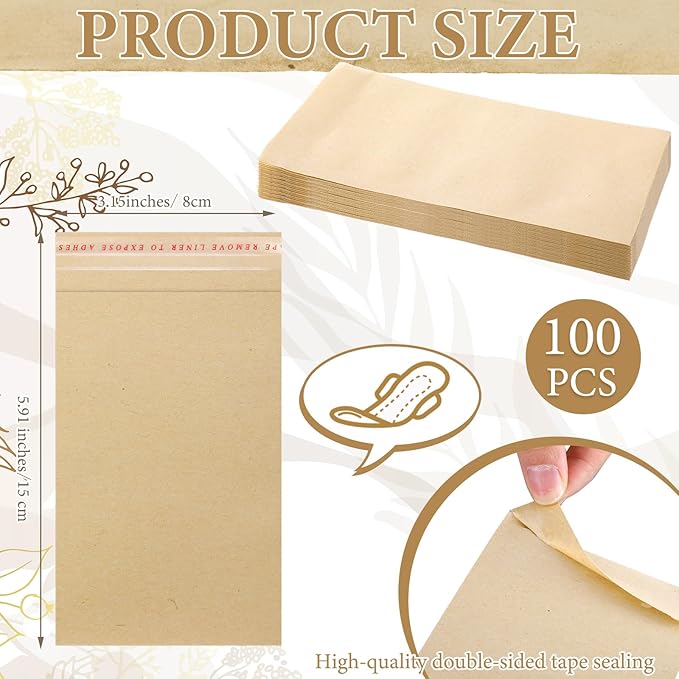Saypacck 100 Pcs Tampons Disposal Bags Sanitary Napkin Disposal Bags Bulk Feminine Hygiene Disposal Bag Bulk Kraft Tampons Bag for Feminine Products with Self Adhesive for Women Girls, 5.91" x 3.15"