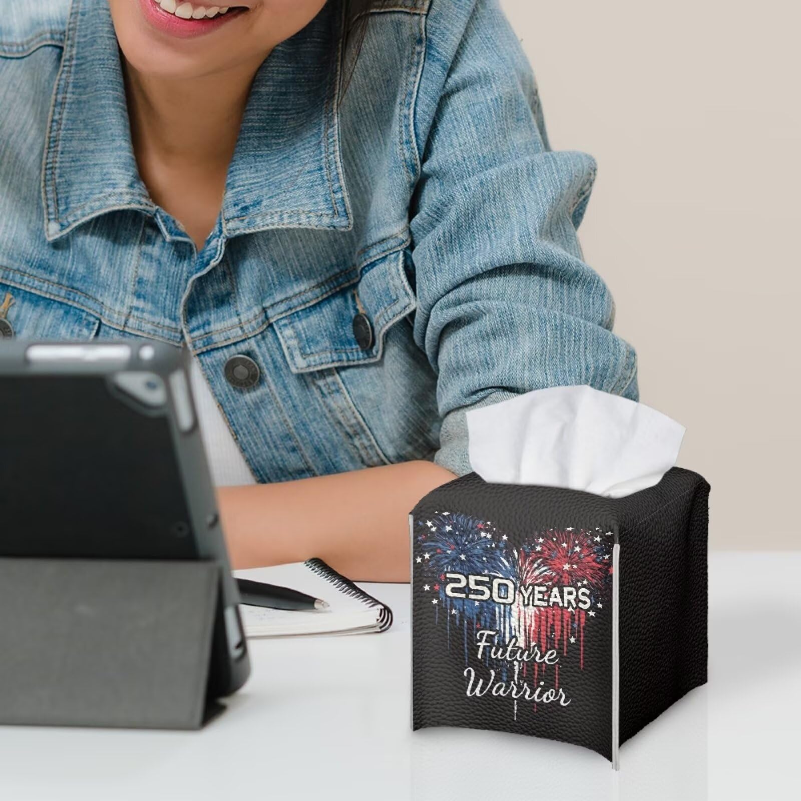 Pzuqiu 250 Years Liberty Tissue Box Holder Square PU Leather Tissue Organizer Case with Metal Button Waterproof Napkin Holder for Home Office Car Automotive Decor