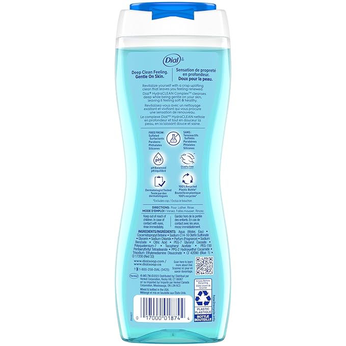 Dial Body Wash, Hydraclean Complex & Vitamin E, Gentle, Leaves Skin Feeling Nourished, Dermatologist-Tested, No Parabens & Sulfates, Refresh & Renew, Spring Water, 16 Fl Oz (Pack of 4)
