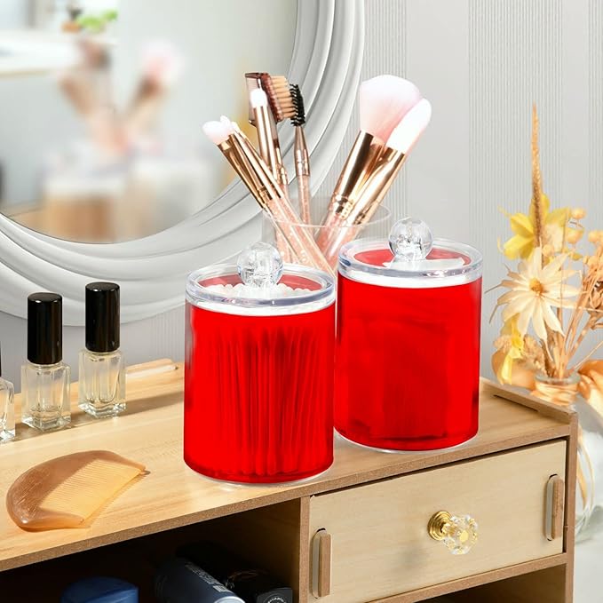 Red Qtip Holder Organizer Dispenser Cotton Swabs Cans Plastic Jars with Lid Set 2 Pack Bathroom Storage Canister for Cotton Ball Floss Cotton Pads