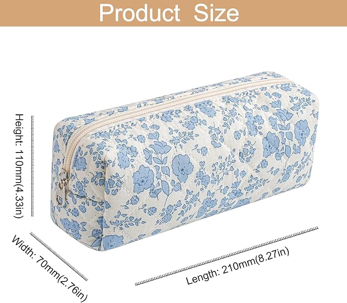 HHQQWZ Cute Floral Cotton Makeup Brush Cosmetic Bag for Women, Travel Quilted Zipper Make Up Bag, Flowers Toiletry Organizer Case Kawaii Makeup Cosmetic Travel Cloth Pouch (Blue+Navy Blue)