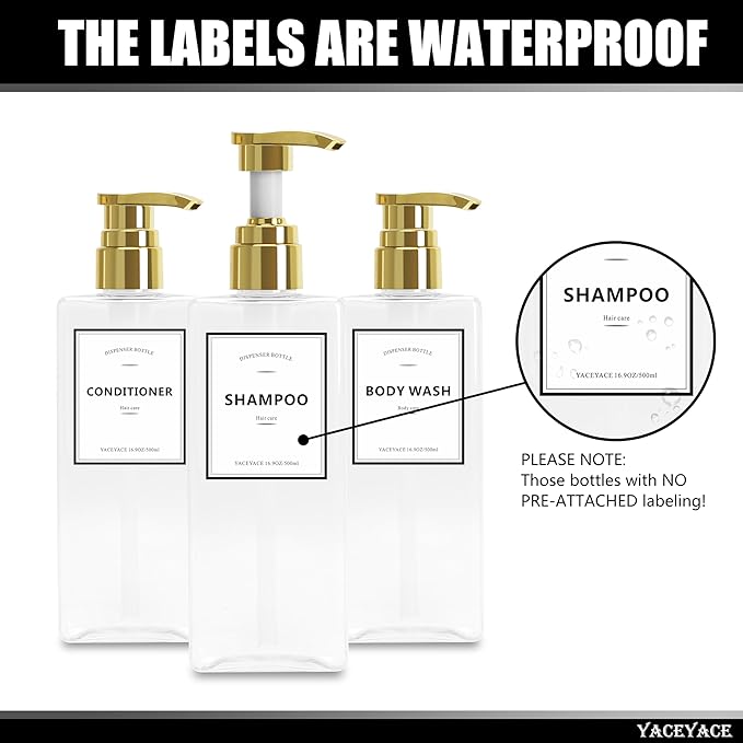 Shampoo Dispenser Bottles with Gold Pump, YACEYACE 16.9oz Set of 3 Clear Shampoo and Conditioner Dispenser, Mordern Shower Bottles Refillable with Labels
