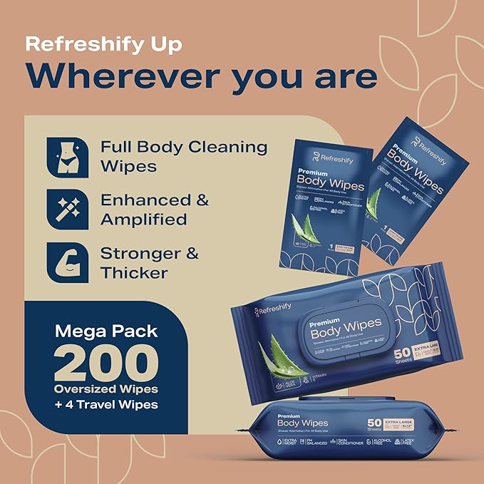 200 XL Body Wipes for Adults Bathing No Rinse, XL Shower Wipes and Disposable Washcloths, Wipes for Adults, Adult Wipes for Elderly Care and Recovery, Travel Wipes Included, 8"x 12"