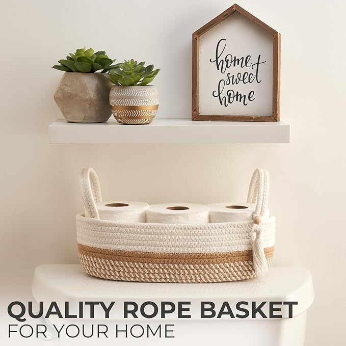 Decorative Toilet Paper Basket – Beautiful Bathroom Organizer for Toilet Tank Storage Decor – Boho Cotton Rope Bin with Tassel for Bathroom Accessories and as Shelf Decor