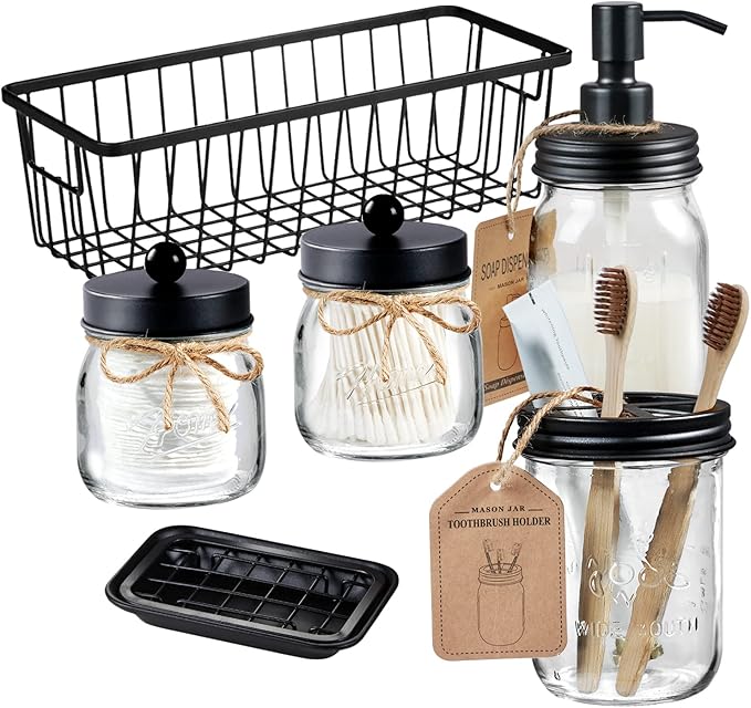 SheeChung Mason Jar Bathroom Accessories Set,6Pcs Rustic Bathroom Set