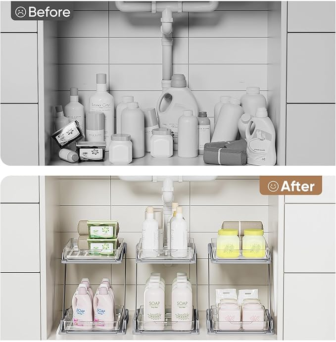 AUGBEAN 3 Pack Bathroom Organizers and Storage - Multi-Purpose,2-Tier Clear Pull Out Organization for Bathroom,Under Sink,Kitchen,Vanity,Countertop,Cabinet,Pantry & Medicine Cabinet,Grey