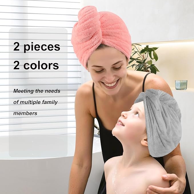 Microfiber Hair Drying Towel Wrap for Women, Hair Turbans Towel for Wet Hair,turbie Twist Hair Towels(The Color of the Picture is for Reference only) (Pink，Gray)
