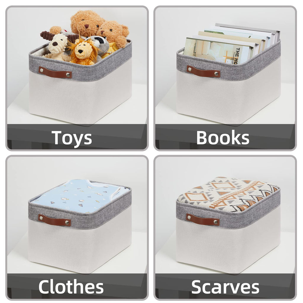 HNZIGE Large Storage Baskets for Shelves(3 Pack) Fabric Storage Toy Baskets with Handles, Decorative Foldable Storage Bins for Organizing (Gray&White-Leather Handles, 15"x11"x9.5")