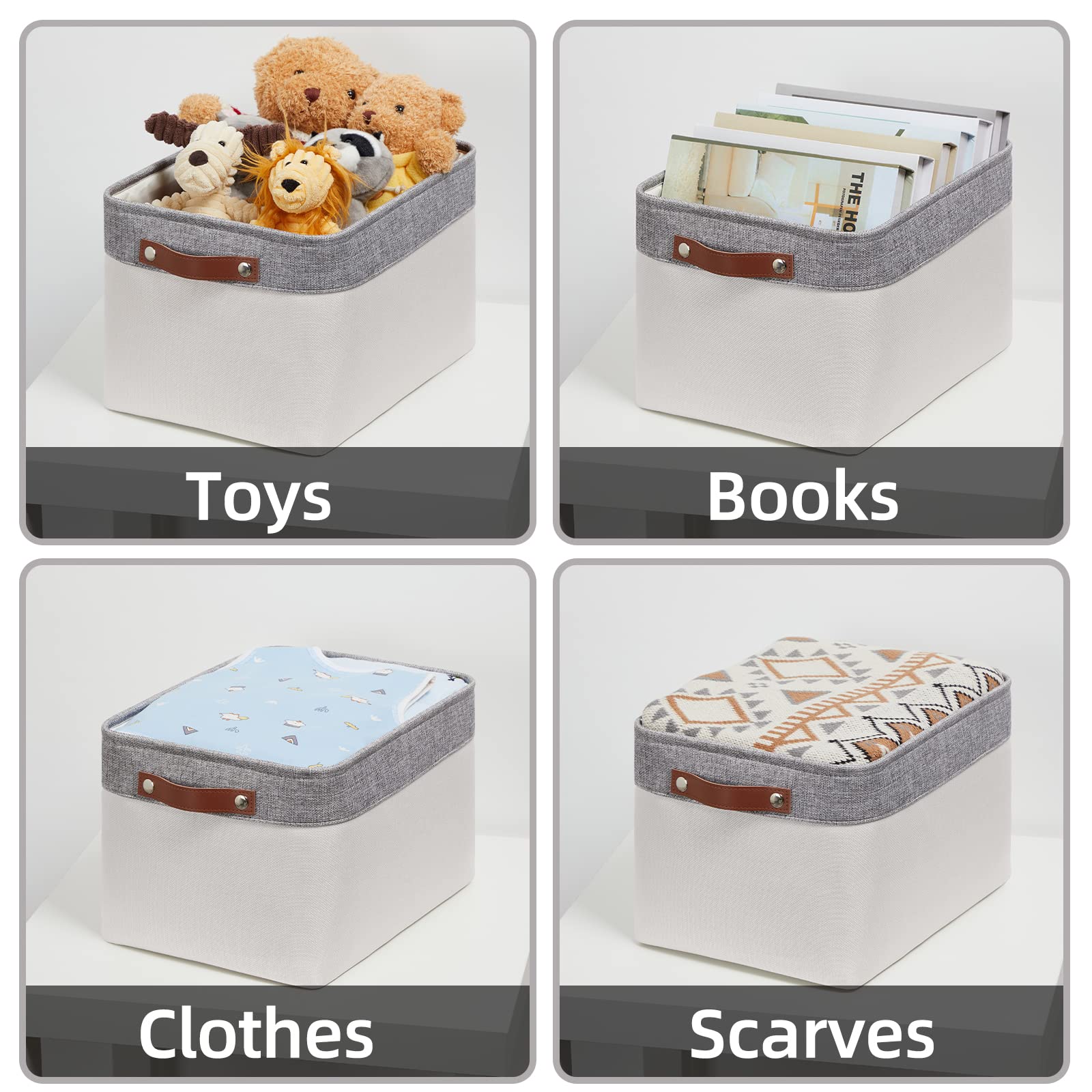 HNZIGE Large Storage Baskets for Shelves(3 Pack) Fabric Storage Toy Baskets with Handles, Decorative Foldable Storage Bins for Organizing (Gray&White-Leather Handles, 15"x11"x9.5")