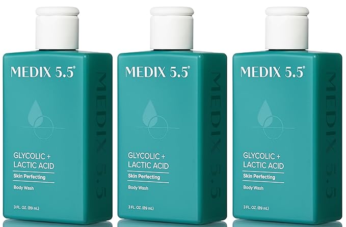 Medix 5.5 Glycolic Acid + Lactic Acid Exfoliating Body Wash Gel, KP Bump Eraser, AHA Exfoliant Skin Care Body Cleanser, Keratosis Pilaris & Acne, Foaming Face Wash, 3 Fl Oz Travel Size, 3-Pack