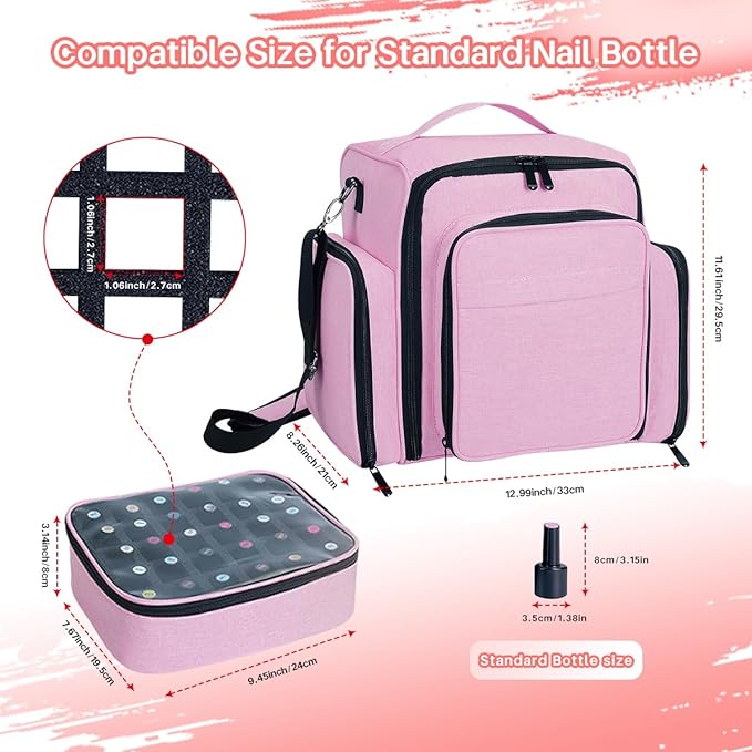 UOZL Nail Polish Organizer Case Hold 90 Bottles with 3 Detachable Bag,Pink