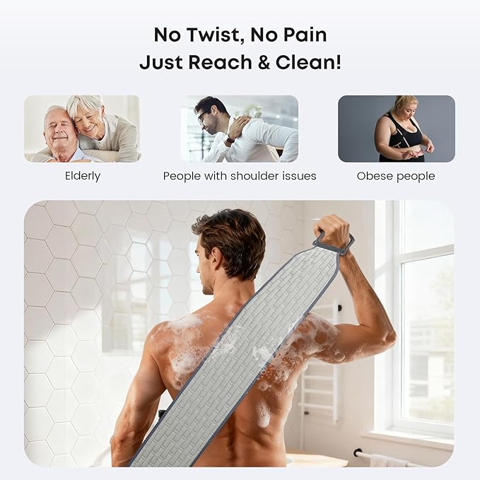 Exfoliating Back Scrubber with Plastic Handles for Shower, 36 Inches Wider Bath Back Exfoliator Body Cleaner for Men, Women and Elderly, Dual-Sided Roughness Back Washer for Deep Cleansing