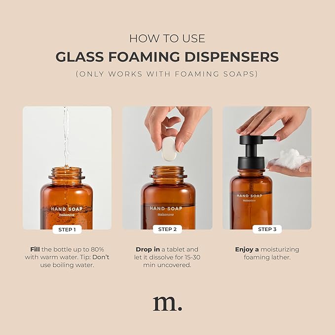 MaisoNovo Glass Foaming Soap Dispenser 14 Oz | Glass Bottles Pumps x 2 Amber with Tray