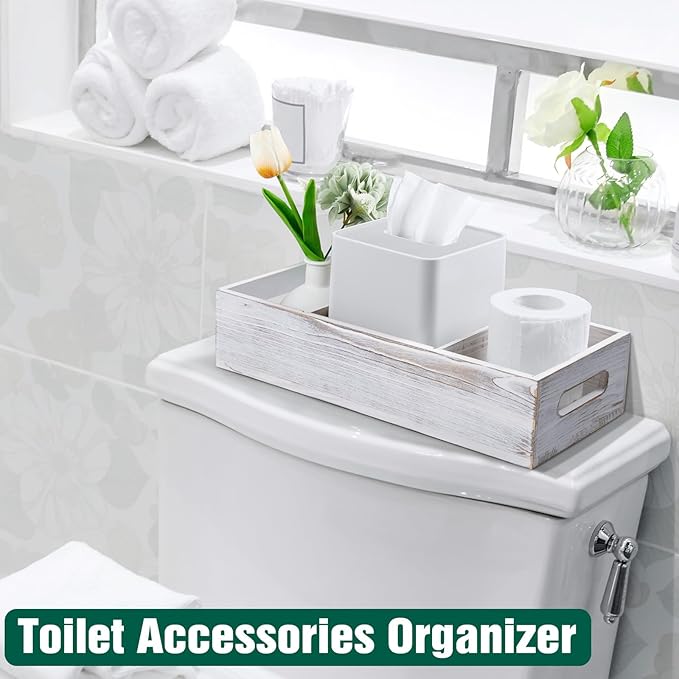 14 Inch Farmhouse White Bathroom Basket with Removable Dividers - 3 Comparments Wood Toilet Paper Basket for Back of Toilet Tank Topper - White Storage Organizer for Bathroom Pantry Organization