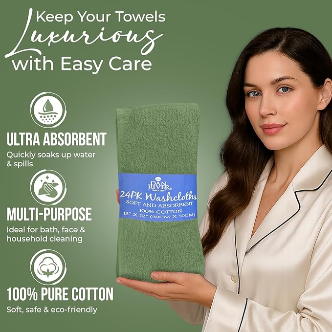 DAN RIVER 24 Pack Wash Cloths for Showering [12x12] - 100% Cotton Washcloths Premium Quality Flannel Face Cloths for Bathroom, Highly Absorbent and Soft Feel Wash Clothes, Sage Green