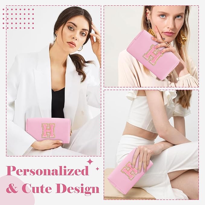Personalized Initial A-Z Preppy Patch Makeup Bag,Small PU Leather Chenille Letter Cosmetic Bag with Zipper for Teen Girls,Pink Cute Travel Toiletry Bag,Birthday Monogrammed Gift for Daughter,Letter H