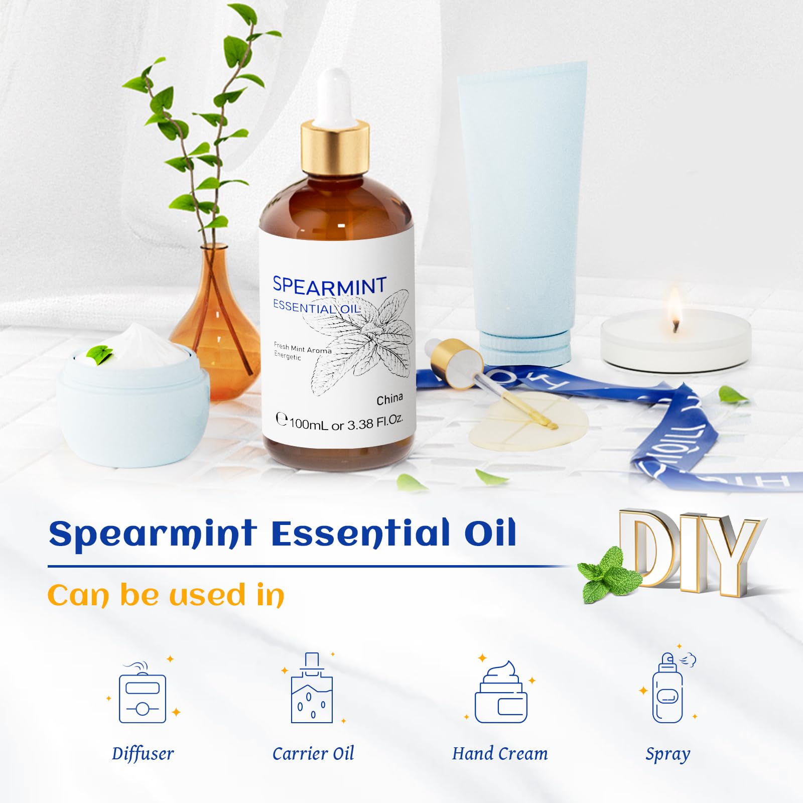 HIQILI Spearmint Essential Oil for Diffuser, Skin & Hair Care
