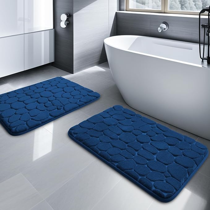 YIHOUSE Bathroom Rugs Mat Set, Memory Foam Bath Mat 2 Piece Navy Blue