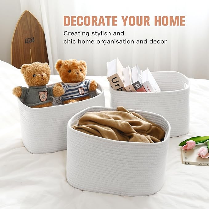 Cotton Rope Storage Basket, 15x10x9 Inches, Woven Basket for Shelves, Clothes, Towels, Books, and Laundry, White (1 Pack)