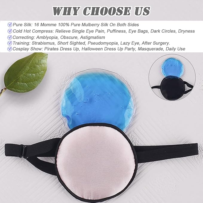 Cooling Eye Patches for Puffy Eyes, Pure Silk Ice Eye Patch, Single Eye Mask, Medical One Eye Cover Cold Hot Therapy Strabismus Lazy Eyes After Surgery Adult Kid Pirate Eyepatch (Black & Pink)