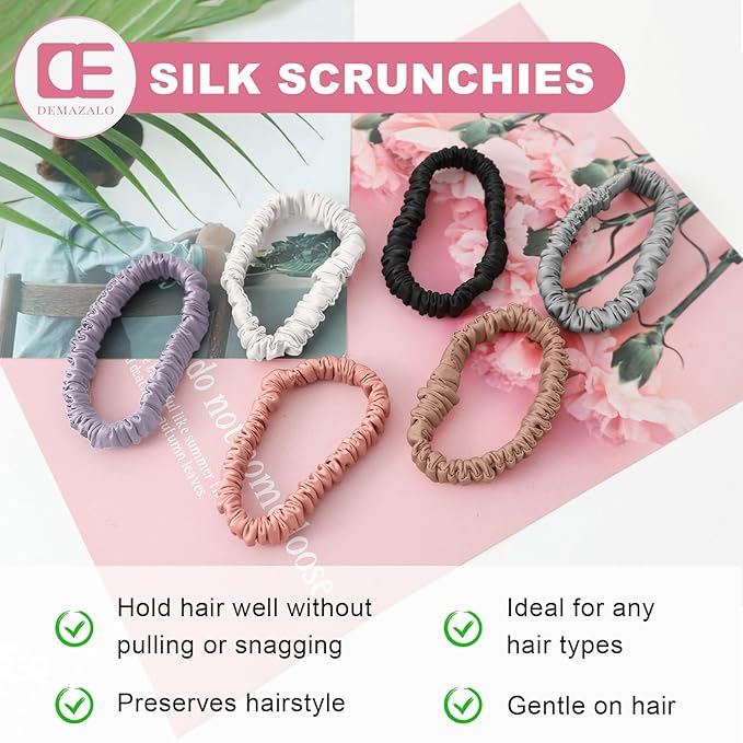 6Pcs Silk Hair Ties Small 22 Momme 100% Pure Mulberry Silk Scrunchies for Women Girls Thin Skinny Hair Sleep Scrunchies No Damage(Color 14)