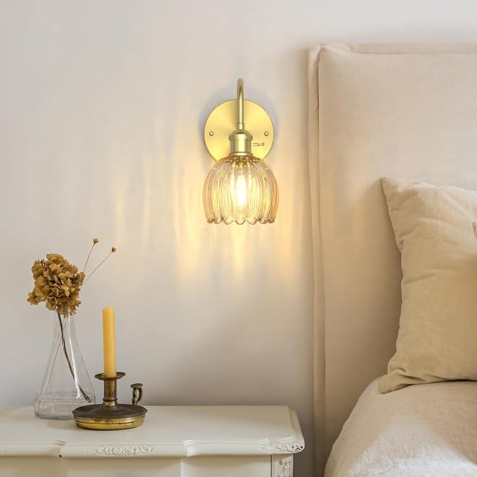 2-Pack Wall Sconces Lights Lamp for Bedroom Bathroom, Modern Vanity Light Fixtures, Wall Mount Lighting Vintage Tulip Amber Glass Shade for Living Room Mirror Hallway Kitchen