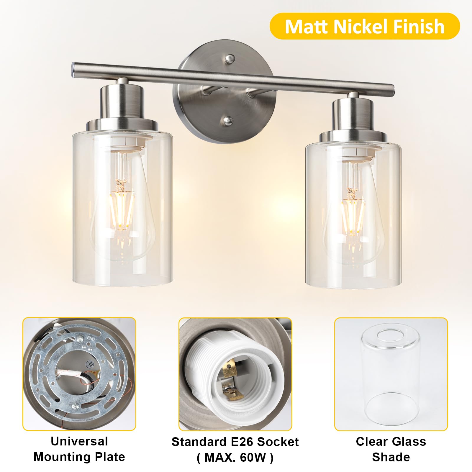 Unicozin 2 Light Vanity Lights, Brushed Nickel Wall Sconce Light with Clear Glass, Bathroom Light Fixtures, Wall Lights for Mirror, Living Room, Bedroom, Hallway, E26 Base (Bulbs Not Included)