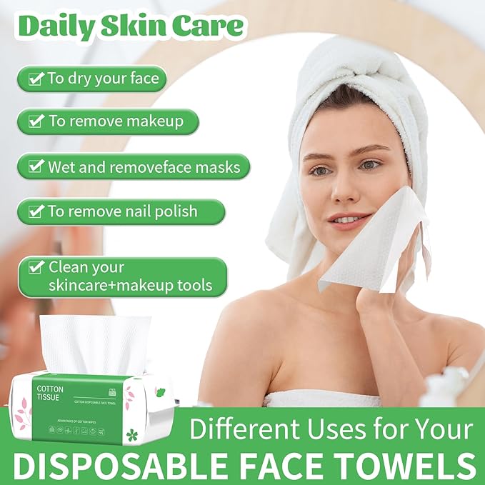 Disposable Face Towel, 100 Count Biodegradable Face Towels, for Washing Soft Cotton Dry Wipes Facial Cloths Towelettes for Washing and Drying, Facial Tissue for Cleansing