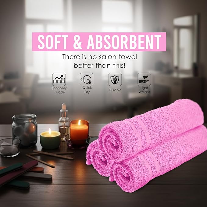 STF Linen Hand Towels (Pack of 24) Pink Economy Towels Salon Towels - 100% Cotton Spa Towel – 16 x 27 Inches Highly Absorbable, Facial, Gym Towel, Hair, Face Towel Bulk