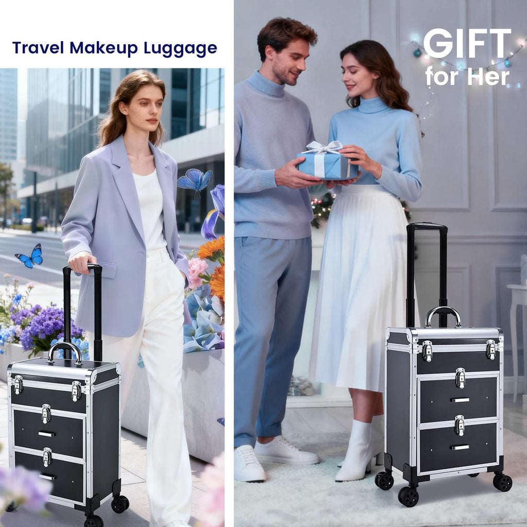Adazzo Professional Rolling Makeup Train Case with Drawers, Large Cosmetic Trolley with Locks, Cosmetics Storage Organizer Make up Case for Travel Makeup/Nail Art/Hair Styling, Matte Black