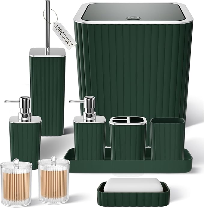 XLHOMO Bathroom Accessory Set - 25PC Green Bathroom Sets, Bathroom Set with Shower Curtain and Rugs, Dark Green Shower Curtain Set, Trash Can, Qtip Holder & Soap Dispenser