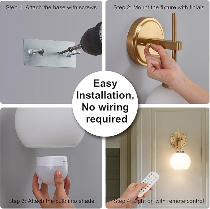 Gold Battery Operated Wall Sconce Set of 2, Wireless Rechargeable Sconces Wall Lighting with Remote Control, LED Dimmable Wall Lights with Opal White Glass Shade, 12 Colors RGB & 3 CCT Bulb