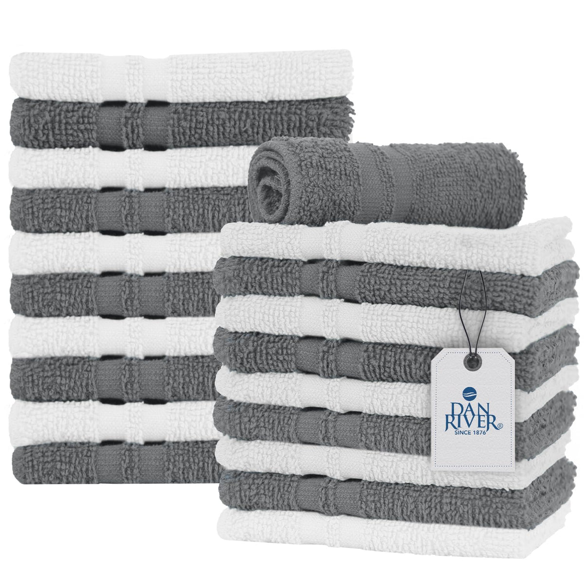 DAN RIVER 100% Cotton Washcloths 20 Pack Premium Quality Face and Body Cloth, Quick Dry Essential Towels for Bathroom, Hand, Kitchen & Cleaning, Baby Rugs | 11X11 in | 400 GSM | Grey + White