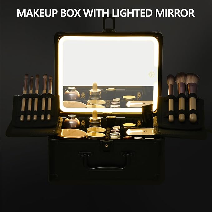 GALHUBIS Makeup Case with Lighted Mirror, Makeup Box Organizer with Detachable LED Mirror, Travel Makeup Train Case, Waterproof Cosmetic Organizer, Standing Makeup Brush Holder, Gift, Black