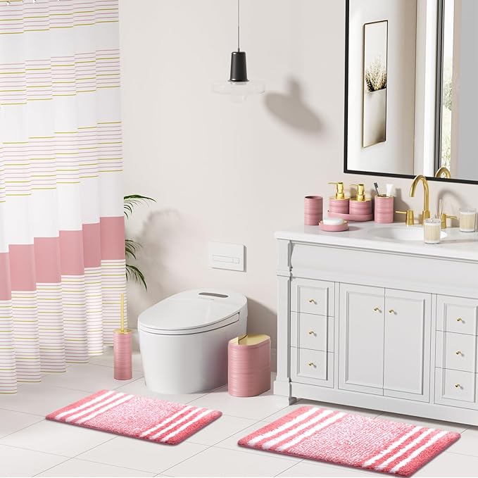 InnJoey Bathroom Set - Bathroom Sets with Shower Curtain and Rugs, 25PC Bathroom Accessory Set, Pink Bathroom Accessories Set with Trash Can, Soap Dispensers