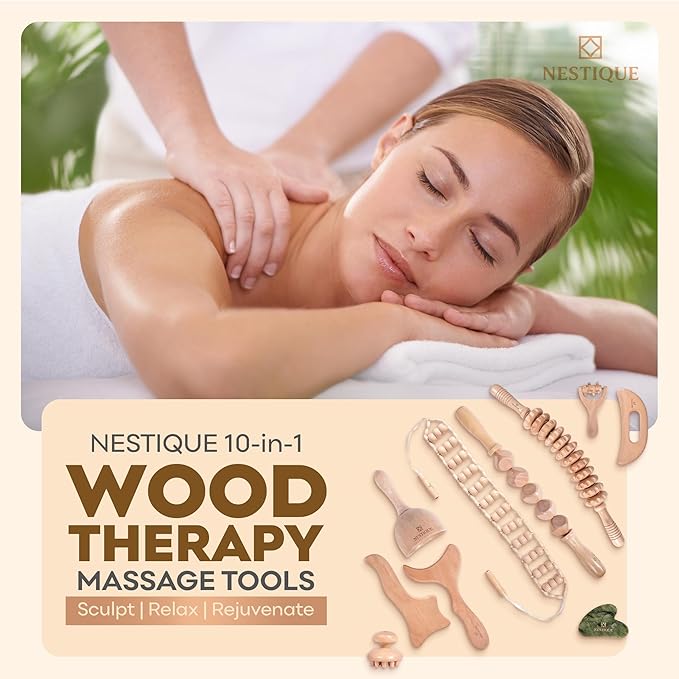 NESTIQUE 10 in 1 Wood Therapy Massage Tools for Body Shaping with Gua Sha Stone – Lymphatic Drainage kit for Muscle Pain Relief, Maderoterapia Professional kit for Body Sculpting