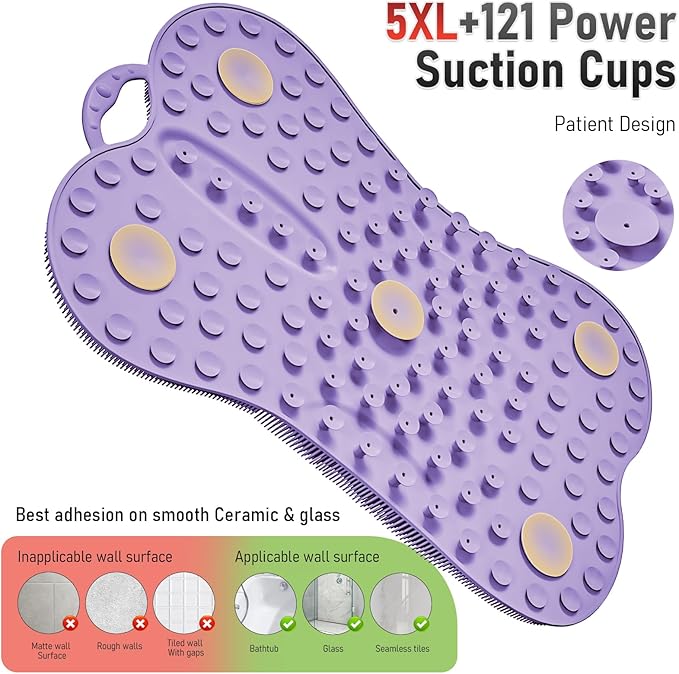 Vynusio Back Scrubber Body Bath Cushion for Tub Bathtub with Back Lumbar Ergonomic Support, Silicone Extra Large Thick Soft Seat Pad Non-Slip Suction Cups, Relaxing Spa Exfloating Scrubber Mat Purple
