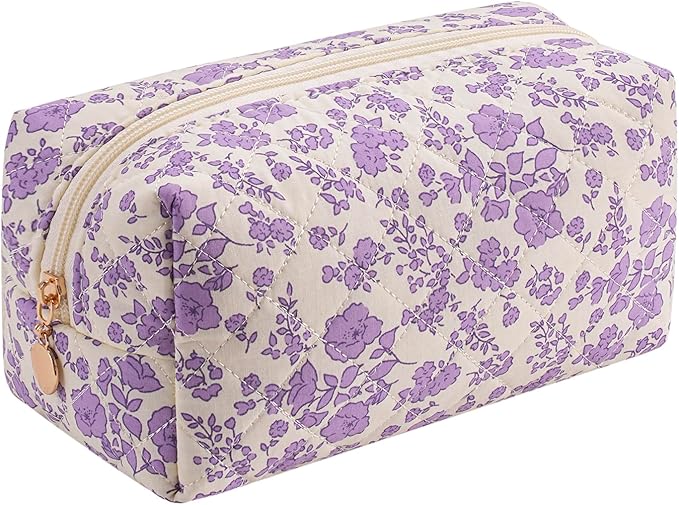 HHQQWZ Cute Square Floral Cotton Makeup Cosmetic Bag for Women Girls, Travel Quilted Zipper Make Up Bag, Square Flowers Organizer Case Kawaii Makeup Cosmetic Travel Cloth Pouch (Purple Floral)