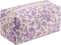 HHQQWZ Cute Square Floral Cotton Makeup Cosmetic Bag for Women Girls, Travel Quilted Zipper Make Up Bag, Square Flowers Organizer Case Kawaii Makeup Cosmetic Travel Cloth Pouch (Purple Floral)
